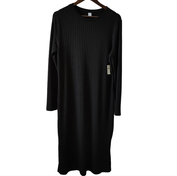 NWT Old Navy Black Long Sleeve Midi Dress Size Large Stretch Ribbed Knit Minimal - Picture 2 of 12